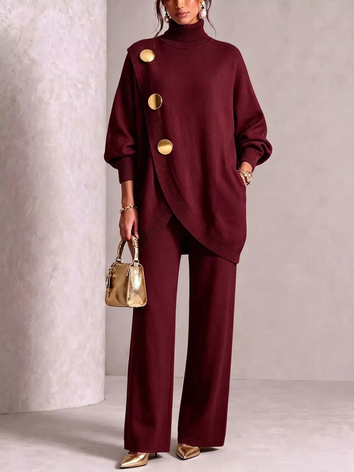 Gold Button Accent Turtleneck Sweater and Pants Set in Wine Red