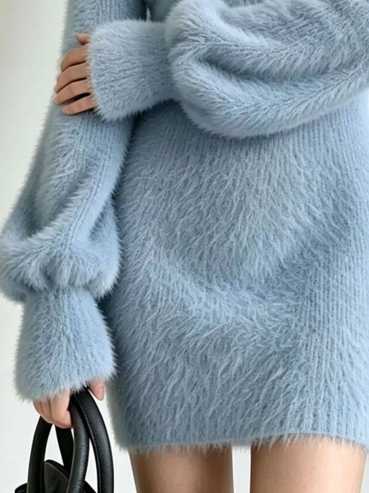 V-Neck Fuzzy Knit Sweater Dress - Lilixa.store