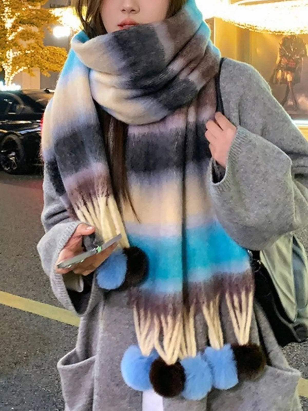 Striped Scarf with Pom-Poms - Lilixa.store