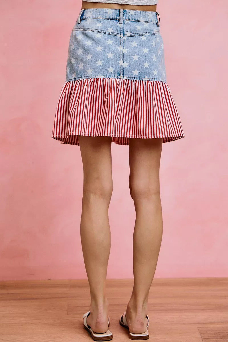 SO ME Stars And Stripes Fit And Flare Denim Mini Skirt - Lilixa.store