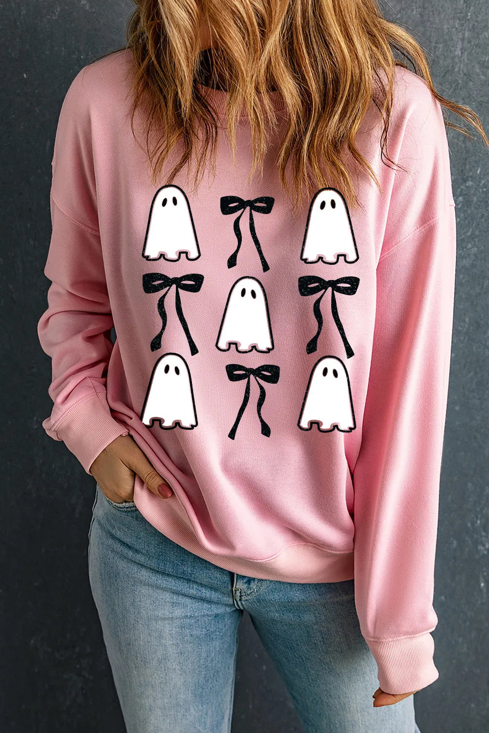 Ghost & Bow Round Neck Long Sleeve Sweatshirt - Lilixa.store
