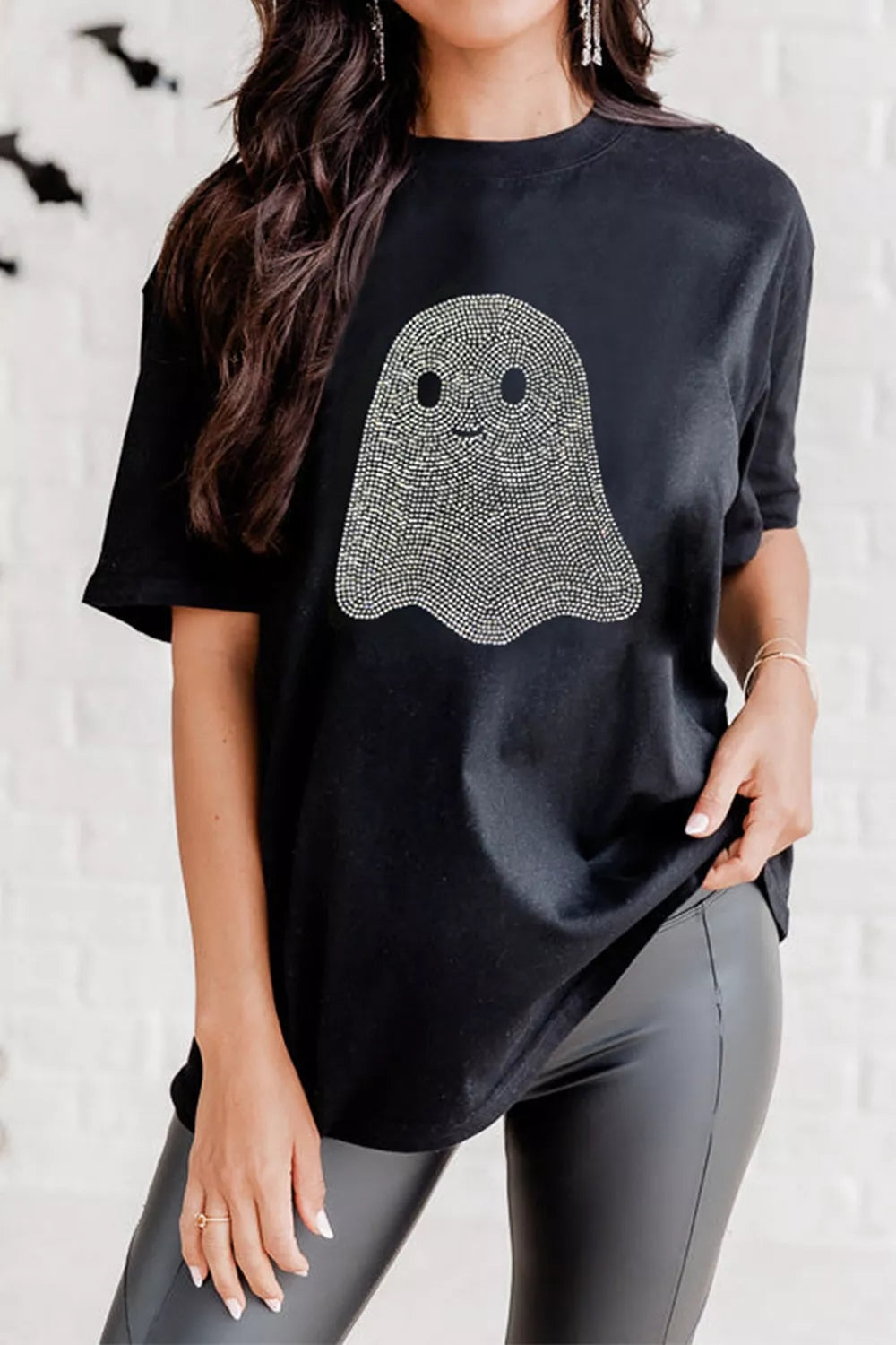 Full Size Rhinestone Ghost Round Neck T-Shirt Plus Size - Lilixa.store
