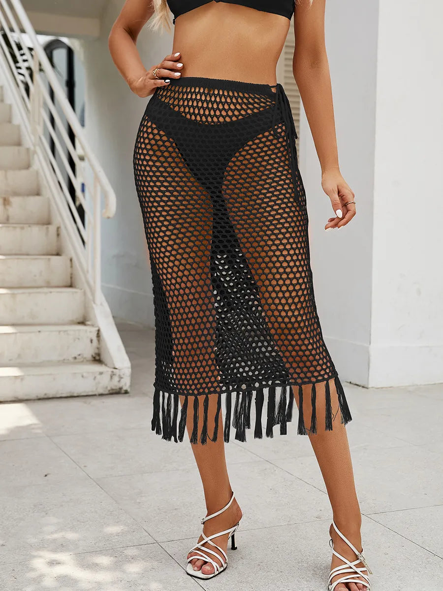 Sheer Crochet Knit Swim Cover-Up Skirt with Fringe - Lilixa.store