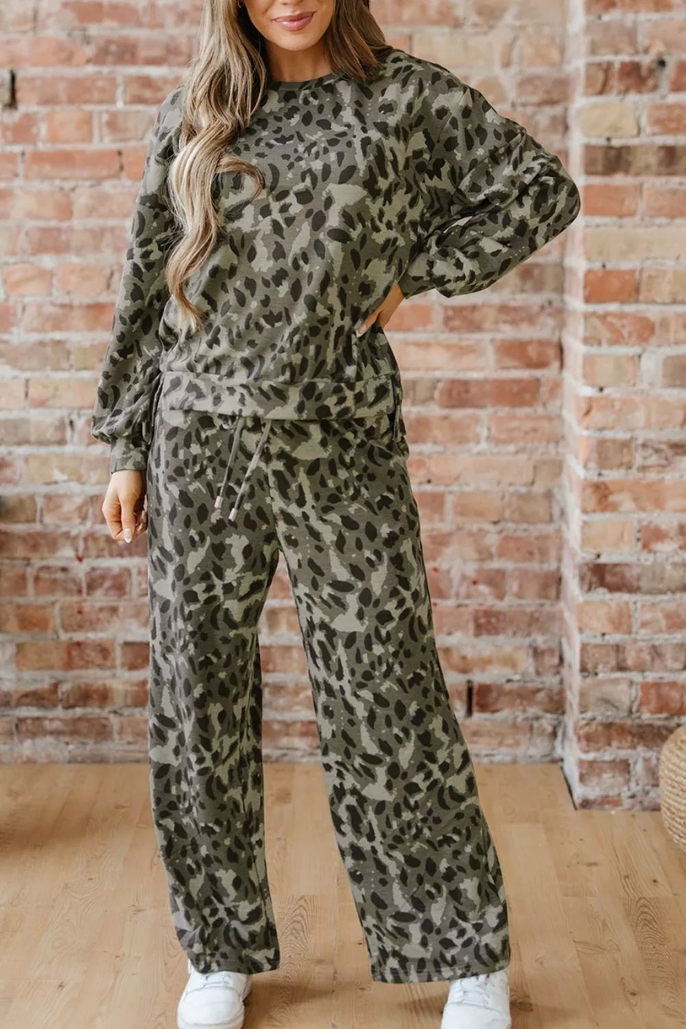 Leopard Print Long Sleeve Top and Pants Set, view 11