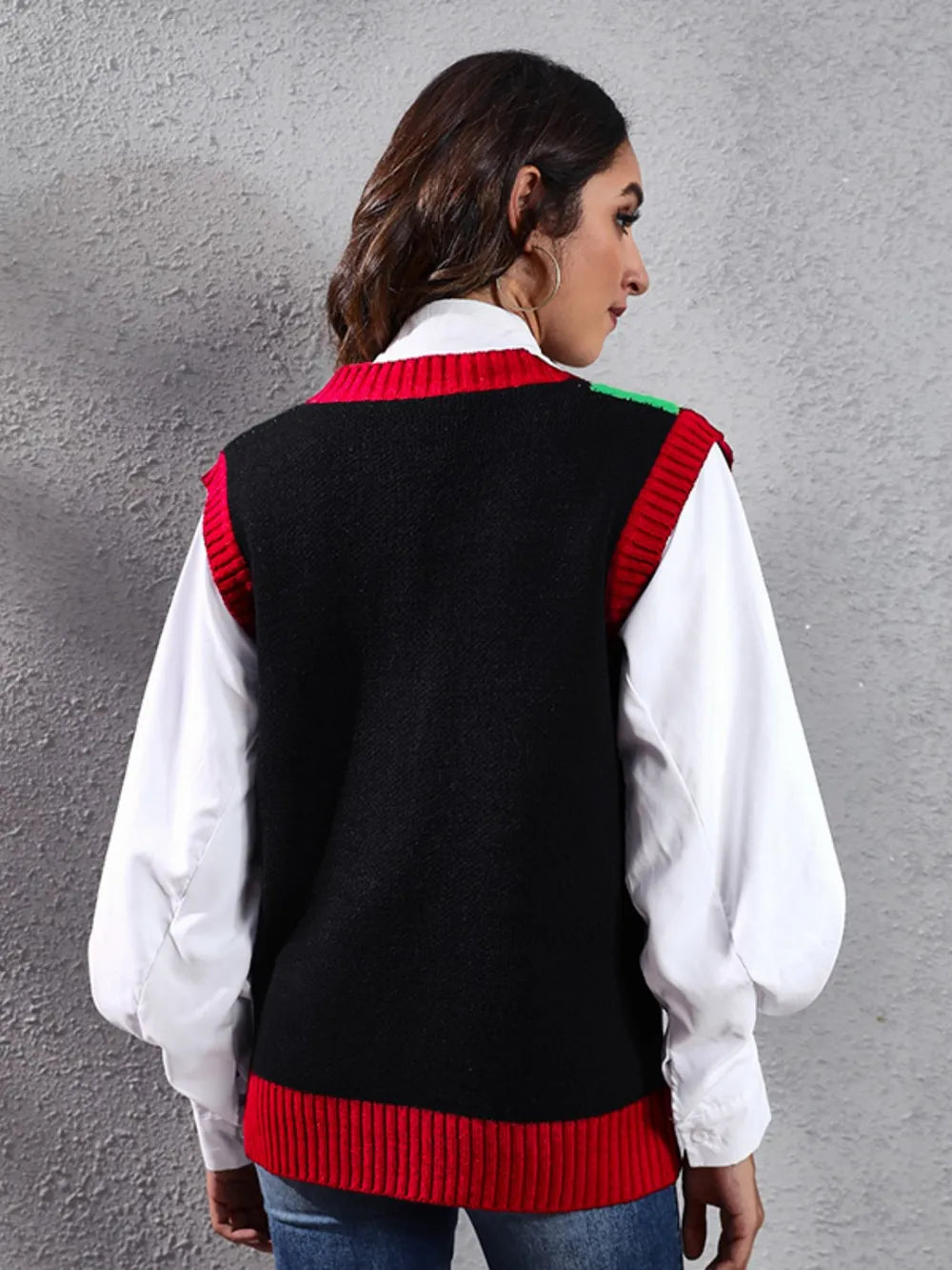 Four Leaf Clover V-Neck Sweater Vest in Black, view 2