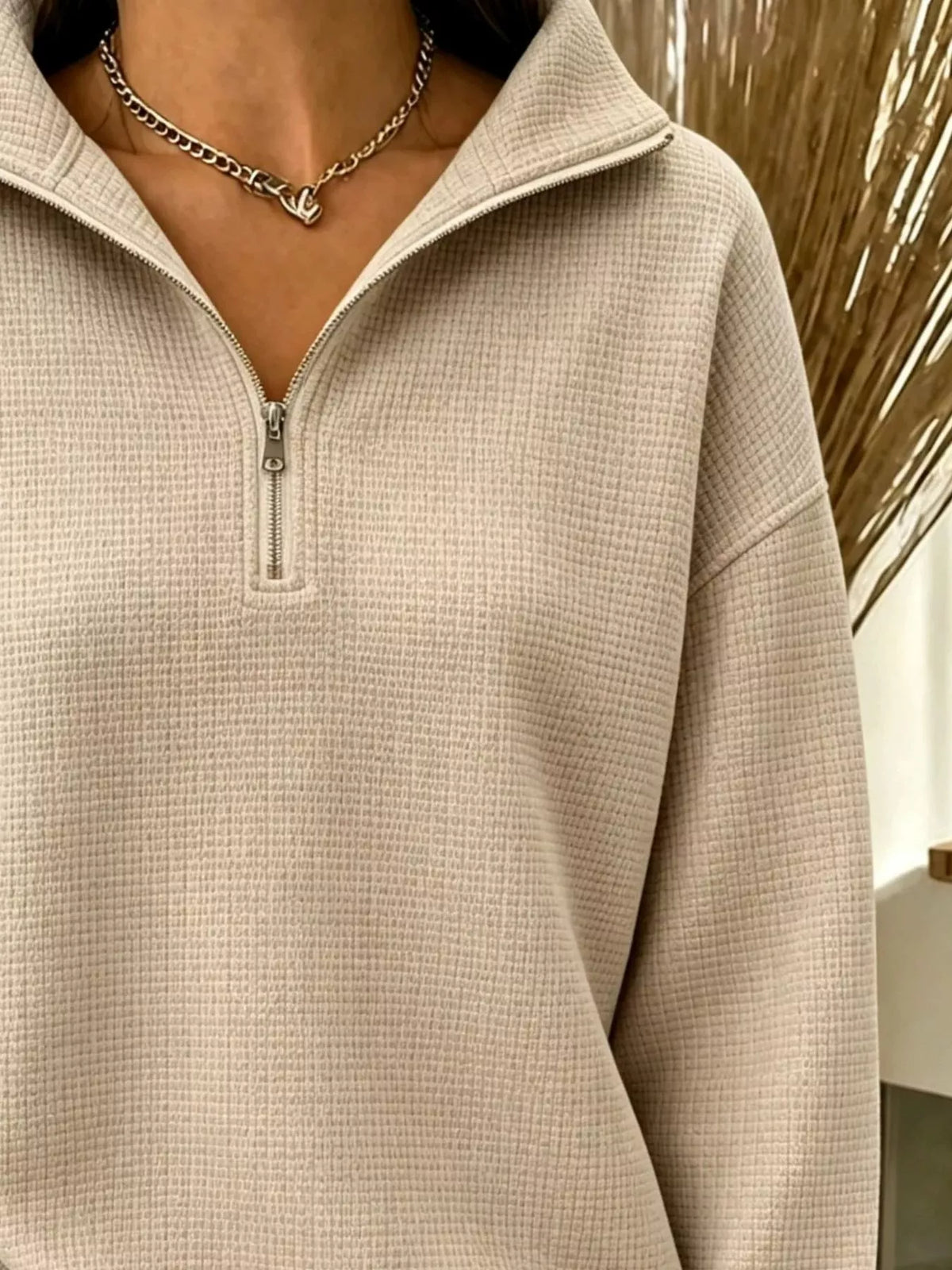 Full Size Waffle Knit Quarter-Zip Sweatshirt Plus Size - Lilixa.store