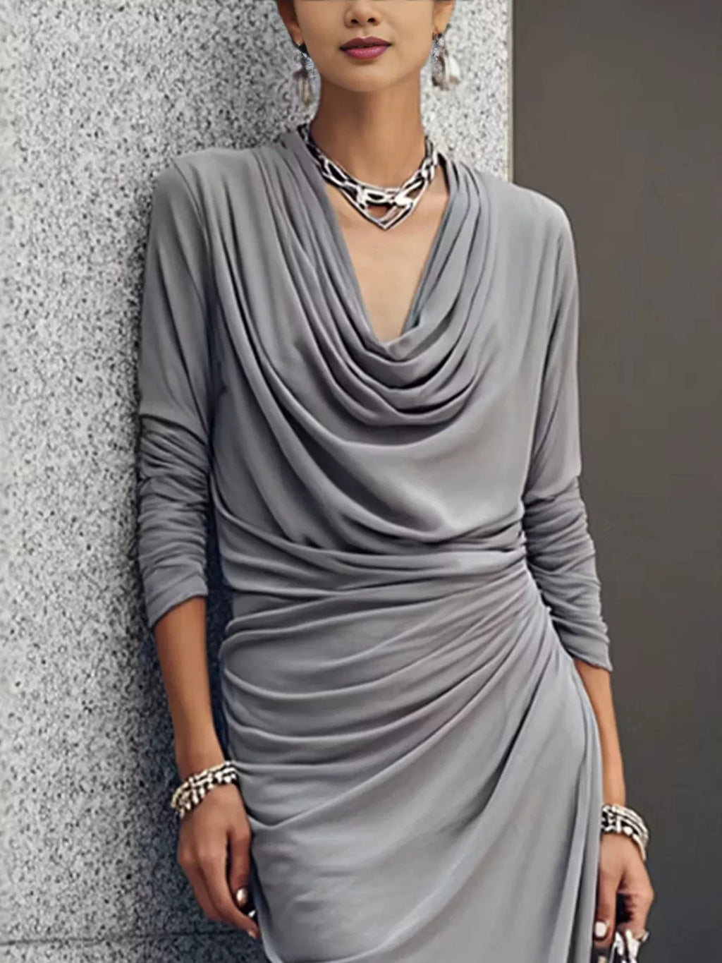 Cowl Neck Long Sleeve Maxi Dress - Lilixa.store