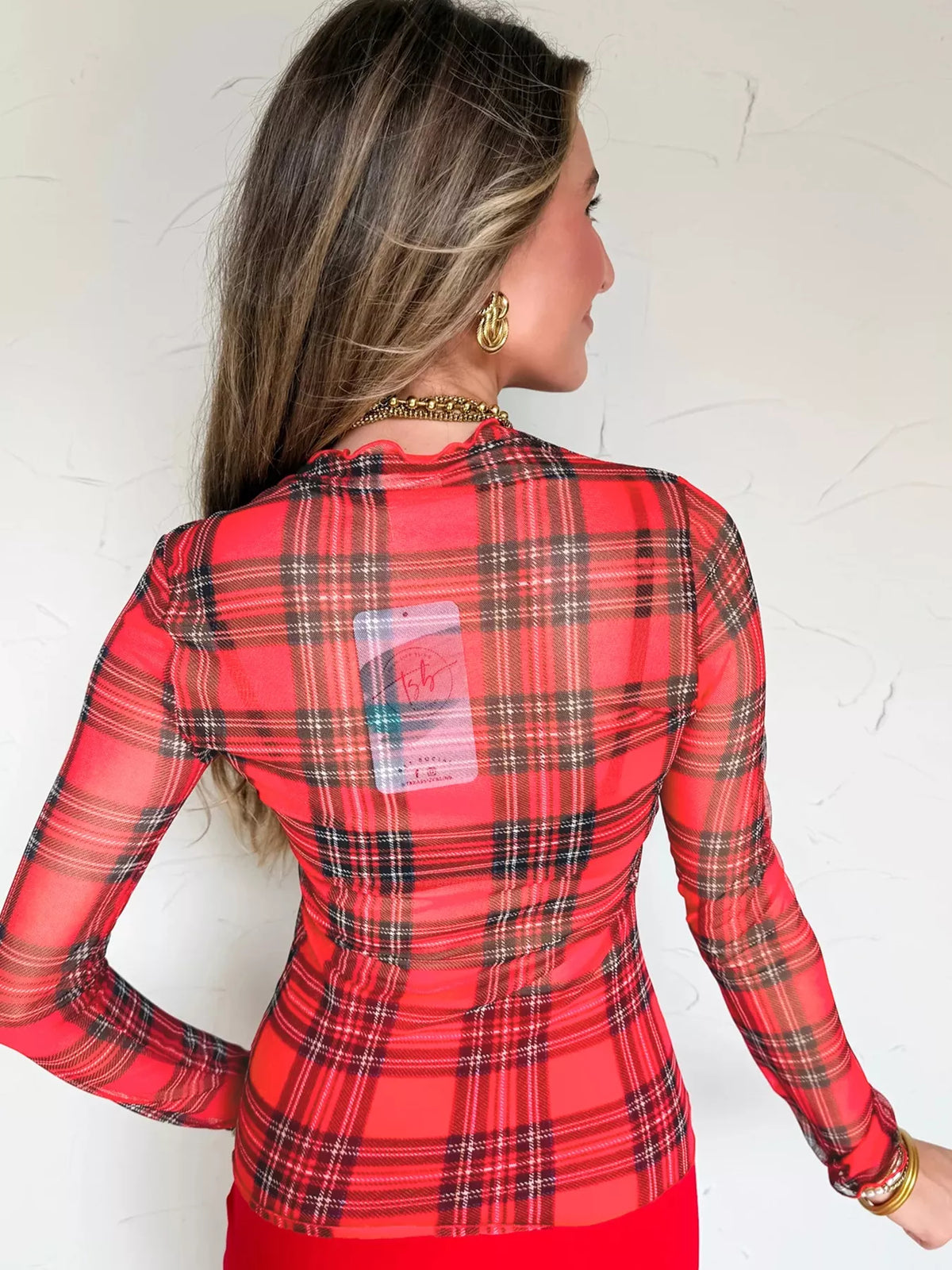 Sheer Plaid Mock Neck Long Sleeve Blouse in Deep Rose, view 3