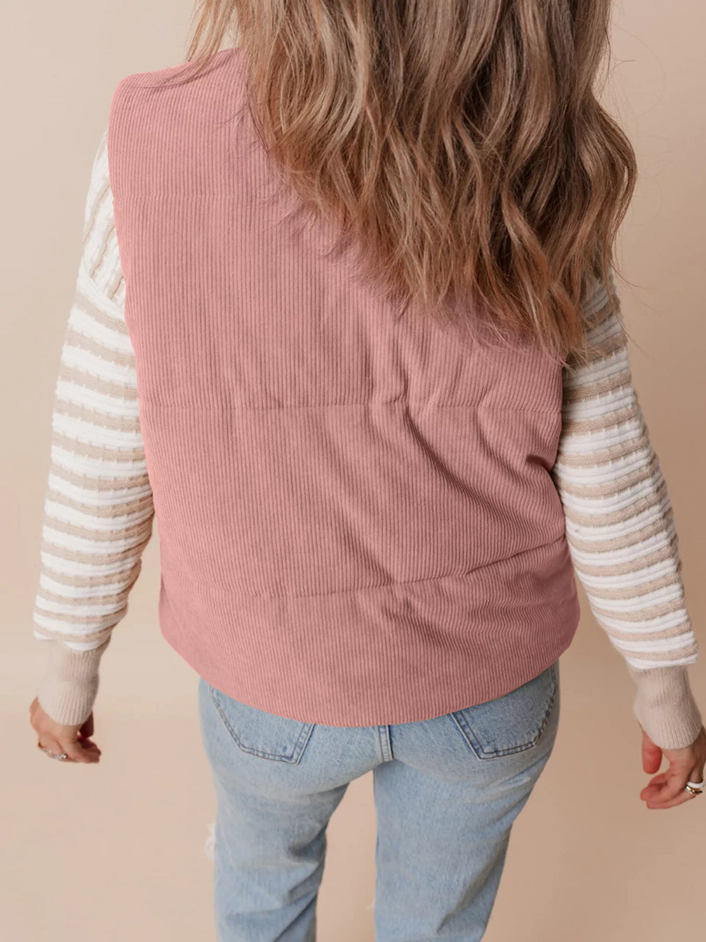 Corduroy Stand Neck Zipped Puffer Vest - Lilixa.store