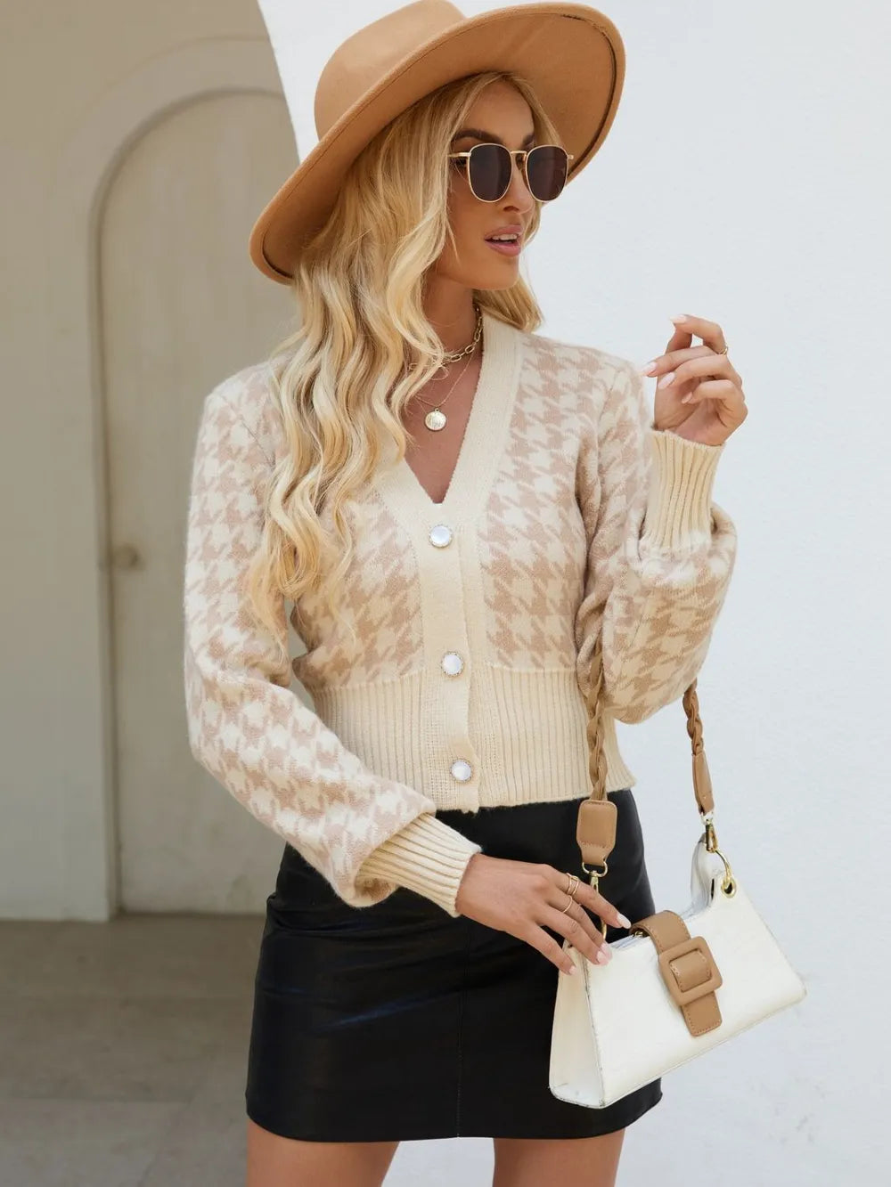 Houndstooth Button Up Long Sleeve Cardigan - Lilixa.store