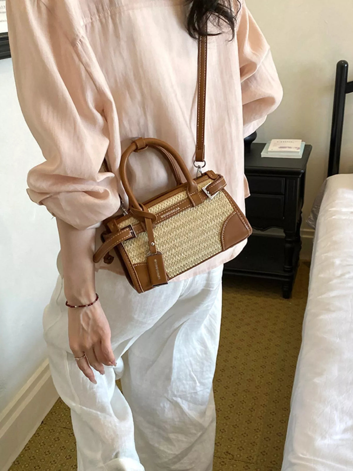 Leather Trim Woven Crossbody Bag