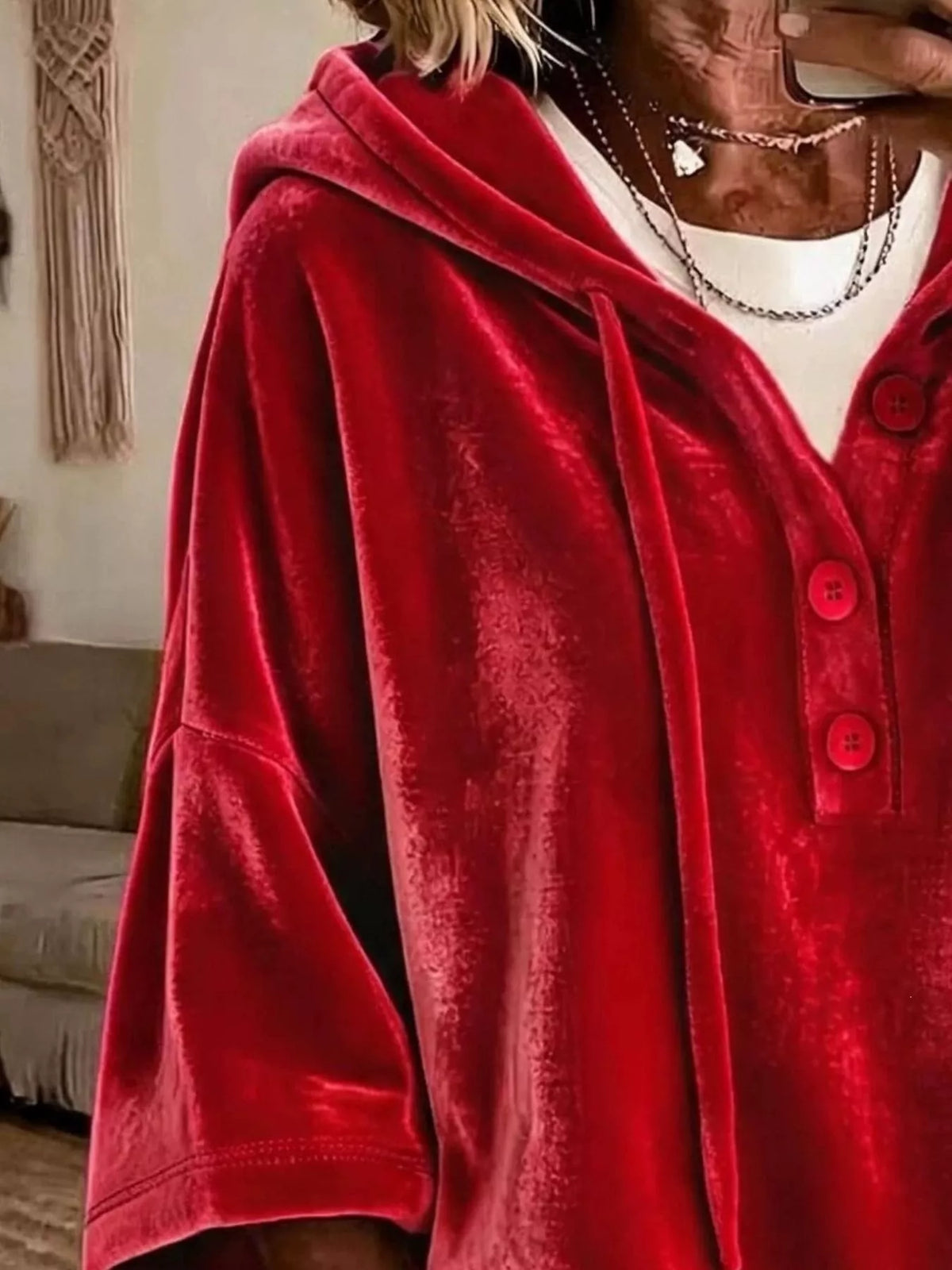 Full Size Velvet Button Detail Drawstring Hoodie Plus Size, view 9