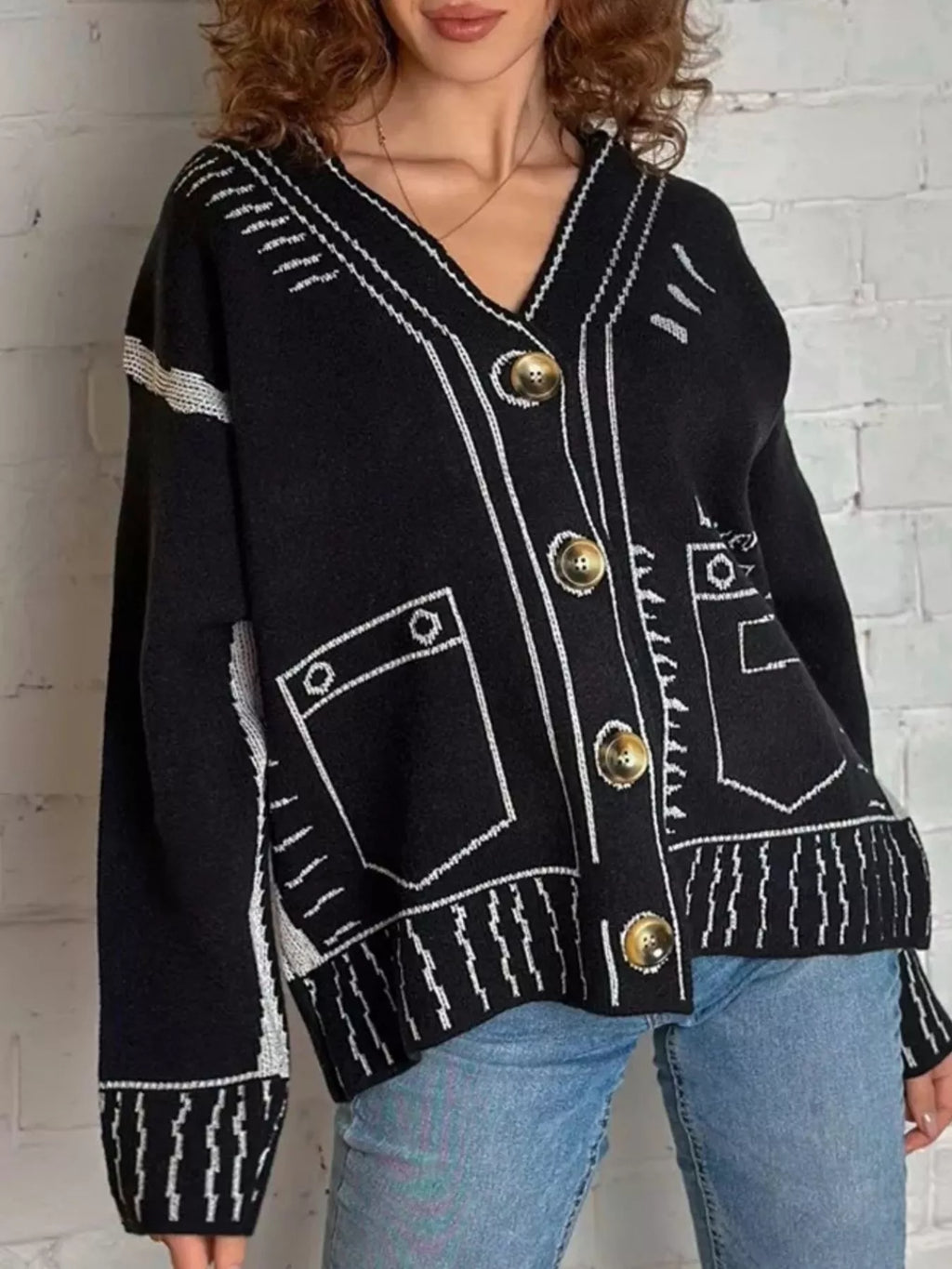 Contrast Graphic V-Neck Button-Down Cardigan - Lilixa.store