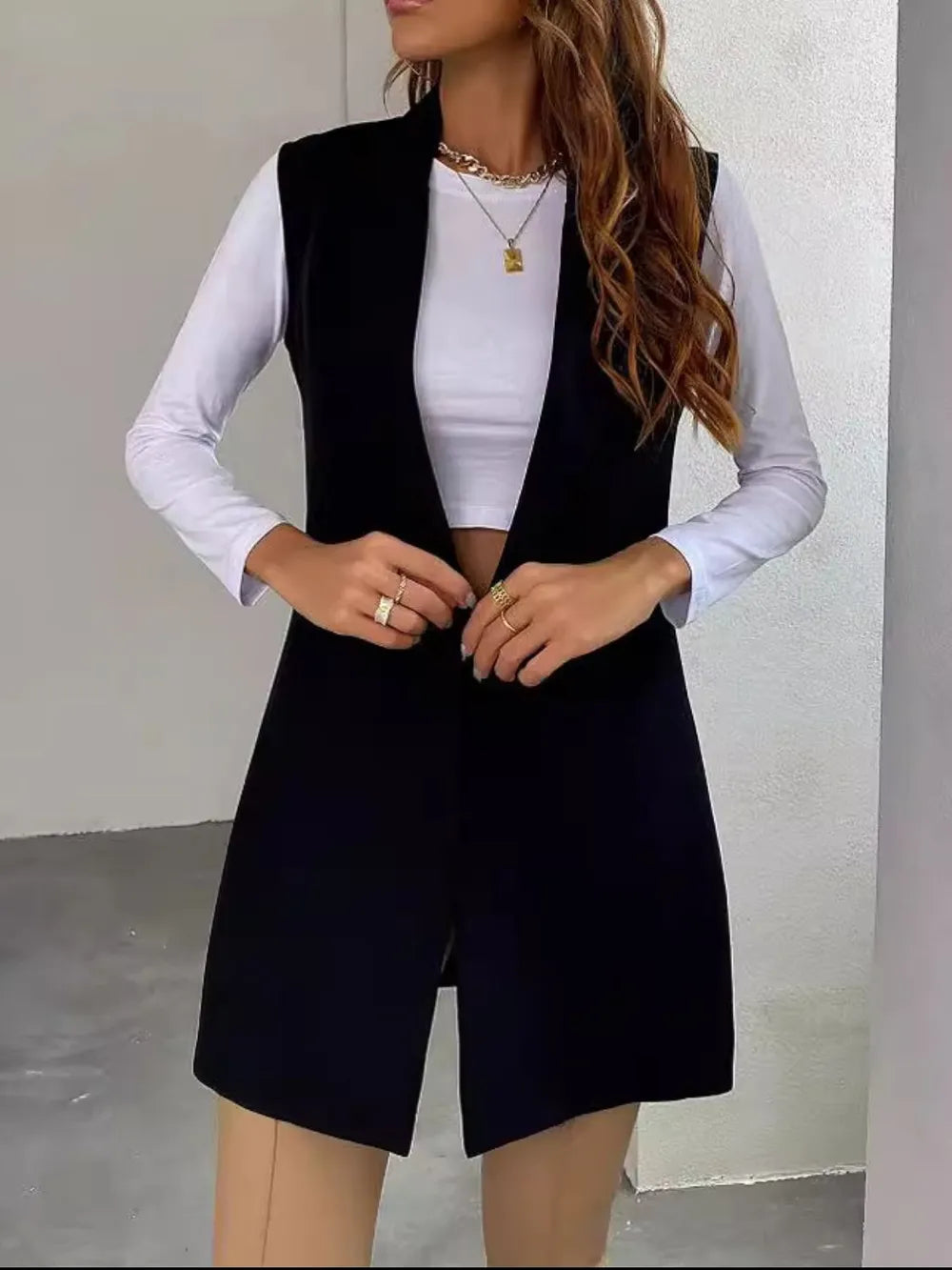 Open Front Longline Vest Coat in Black, view 5