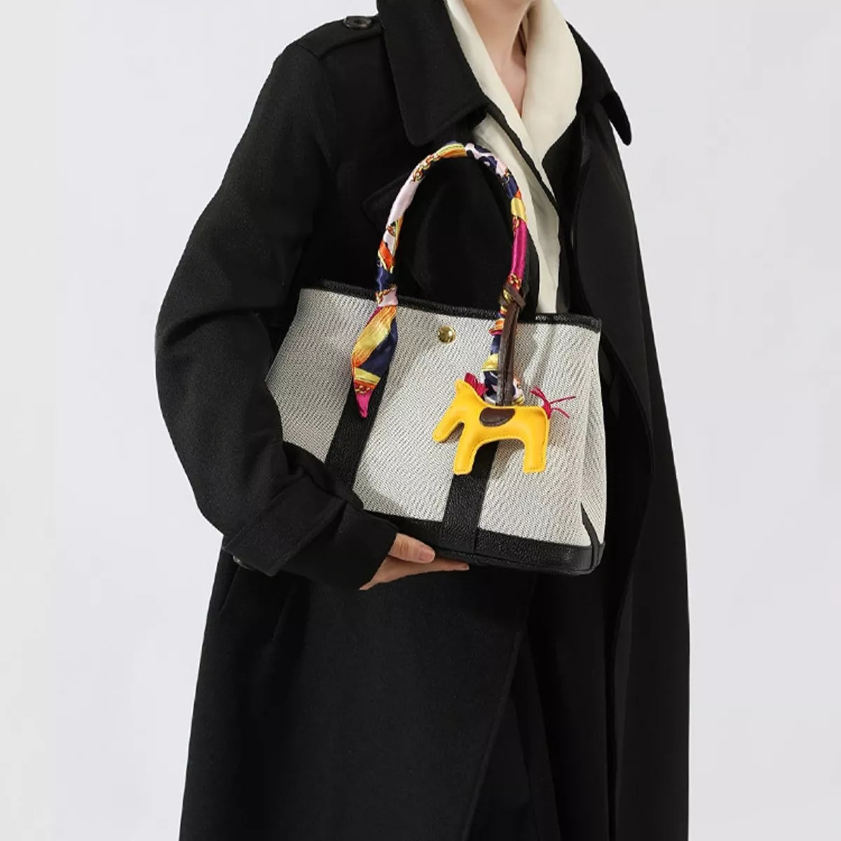 Canvas Handbag with Silk Scarf and Horse Charm in Black, view 4