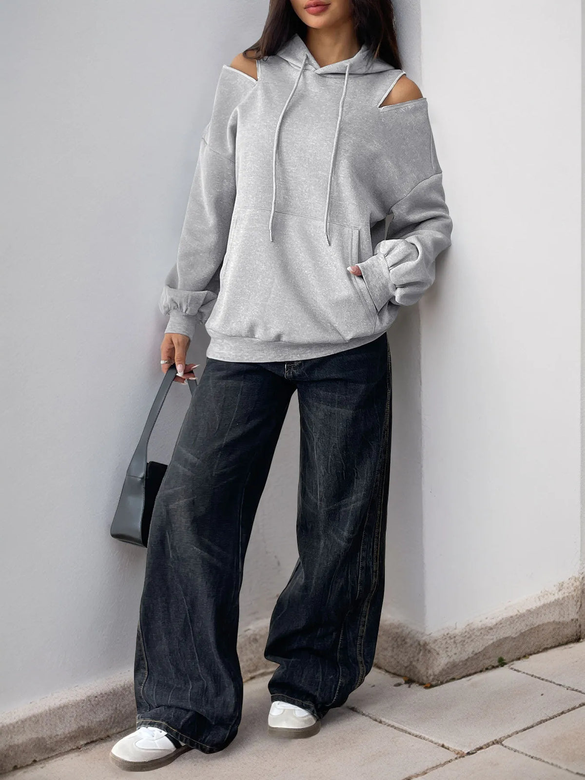 Drawstring Zip Detail Cold Shoulder Hoodie - Lilixa.store