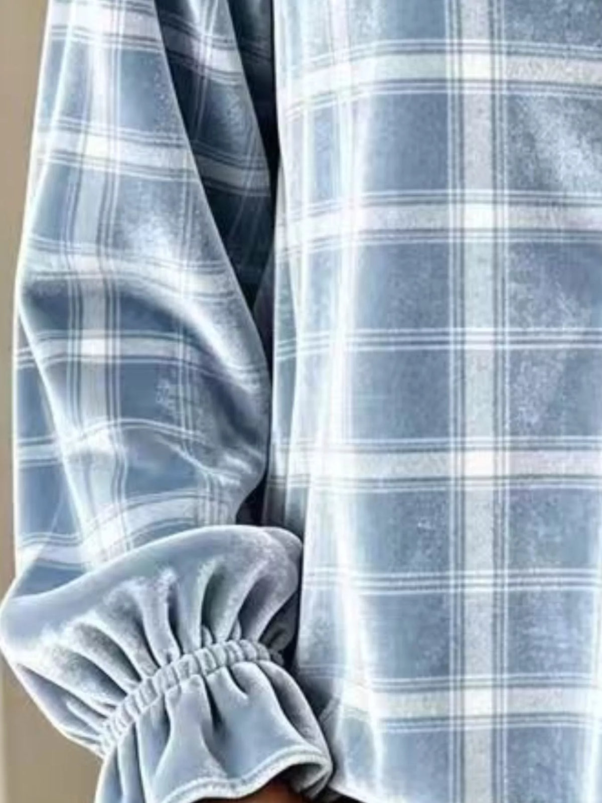 Full Size Plaid Velvet Flounce Sleeve Blouse Plus Size, view 7