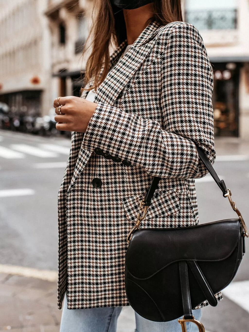 Classic Houndstooth Double-Breasted Blazer - Lilixa.store