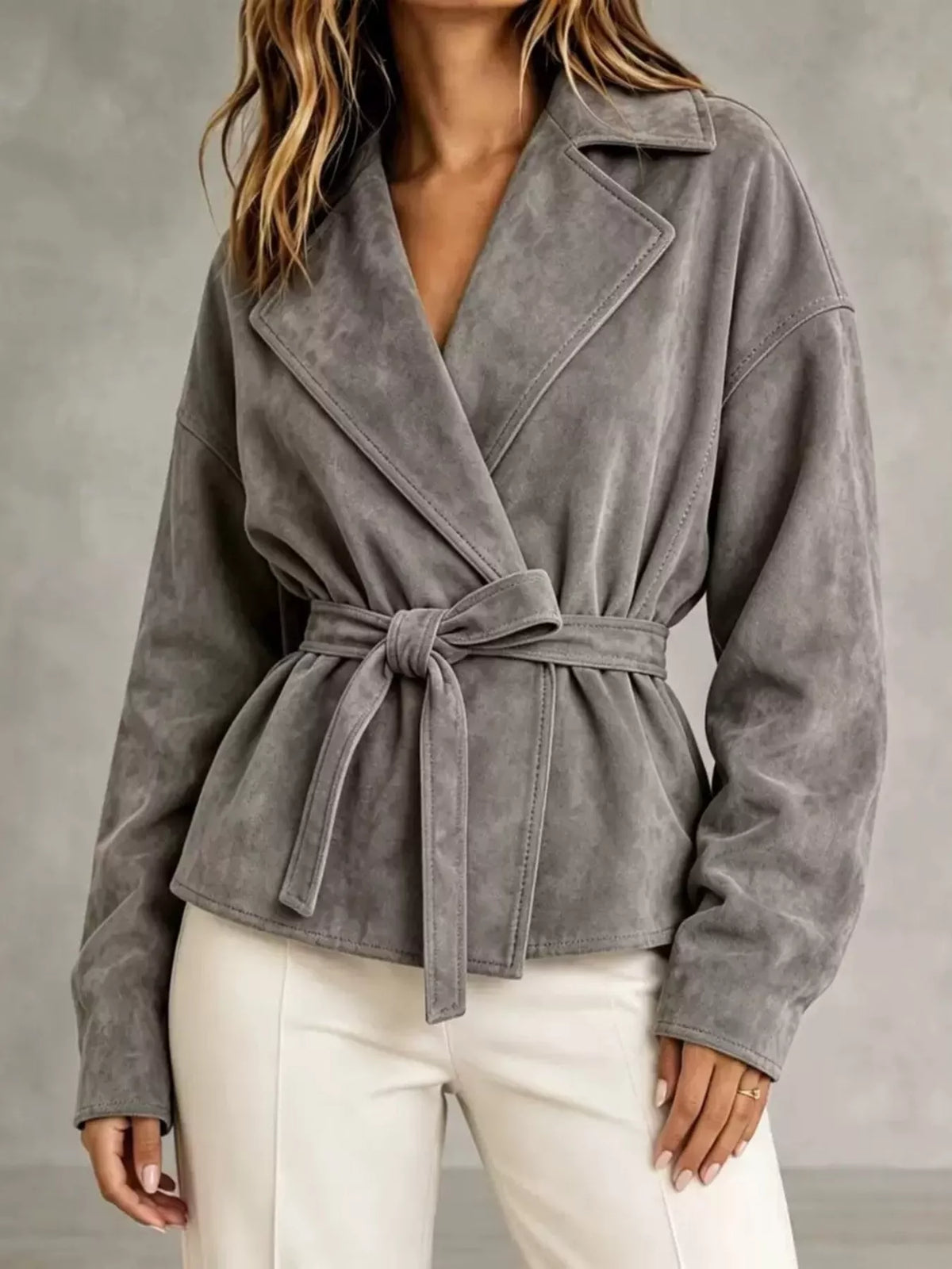 Tie-Waist Lapel Collar Jacket in Gray