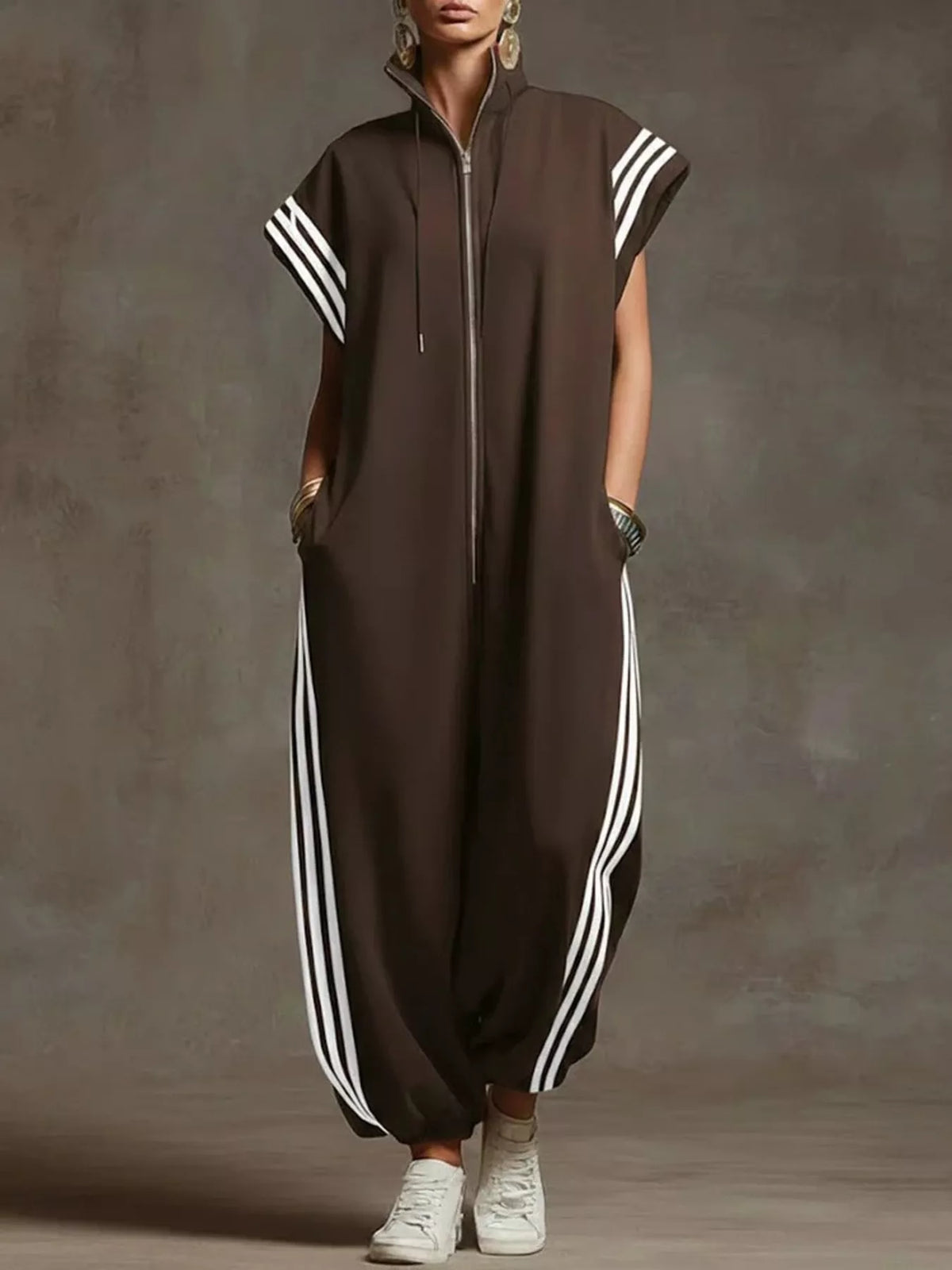 Full Size Side Stripe Zip-Front Wide Leg Jumpsuit Plus Size - Lilixa.store