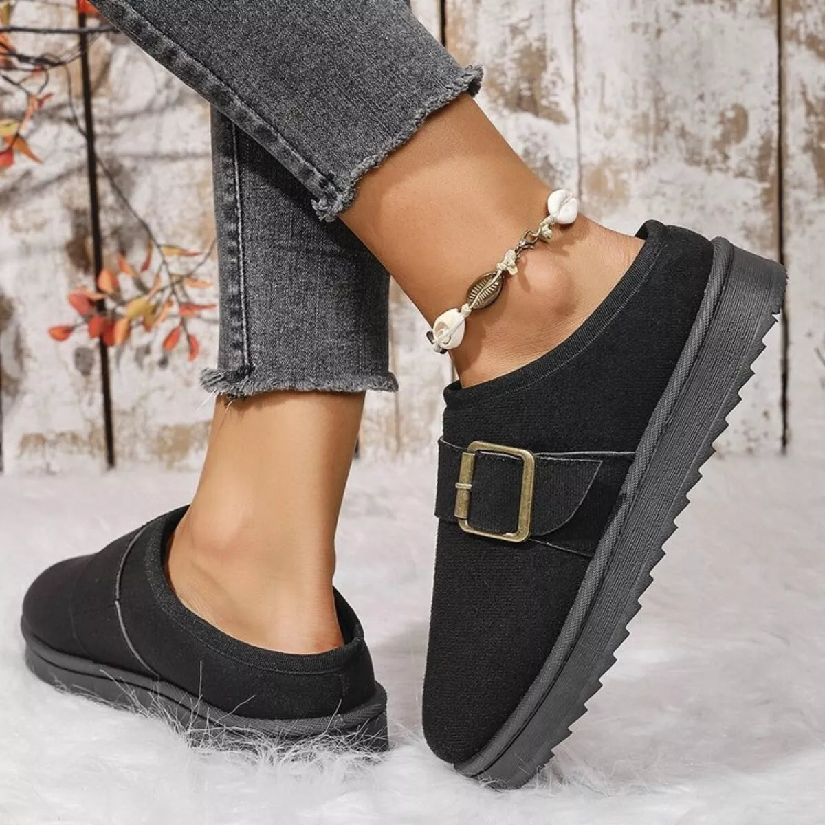 Buckle Decor Plush Lined Warm Slippers - Lilixa.store