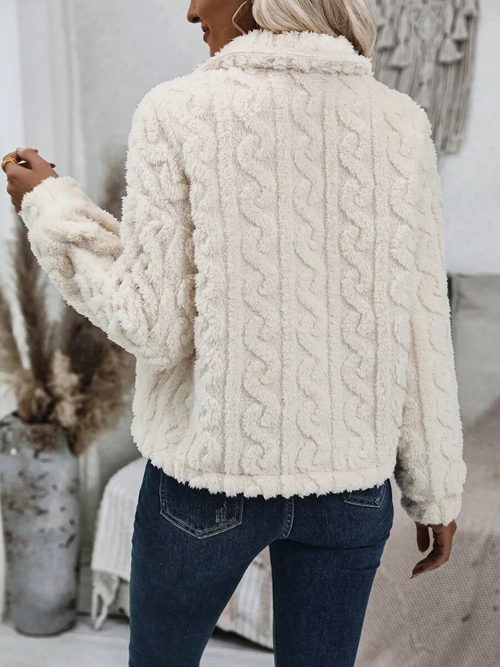 Fuzzy Button Up Collared Neck Jacket in Cream, view 3
