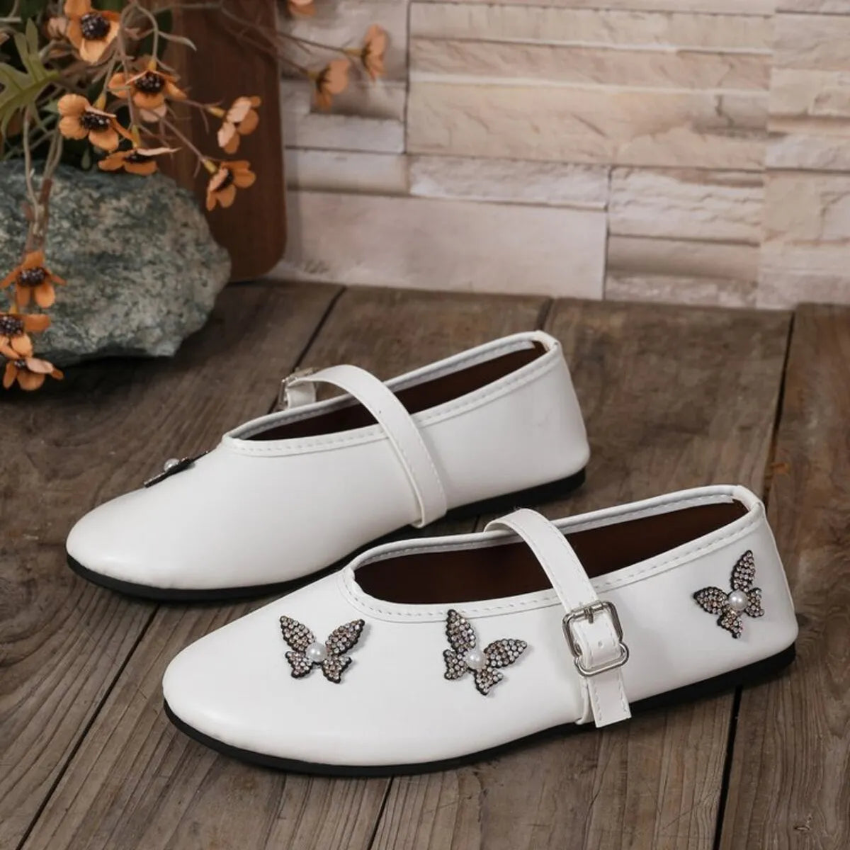 Butterfly Embellished Mary Jane Loafers in White