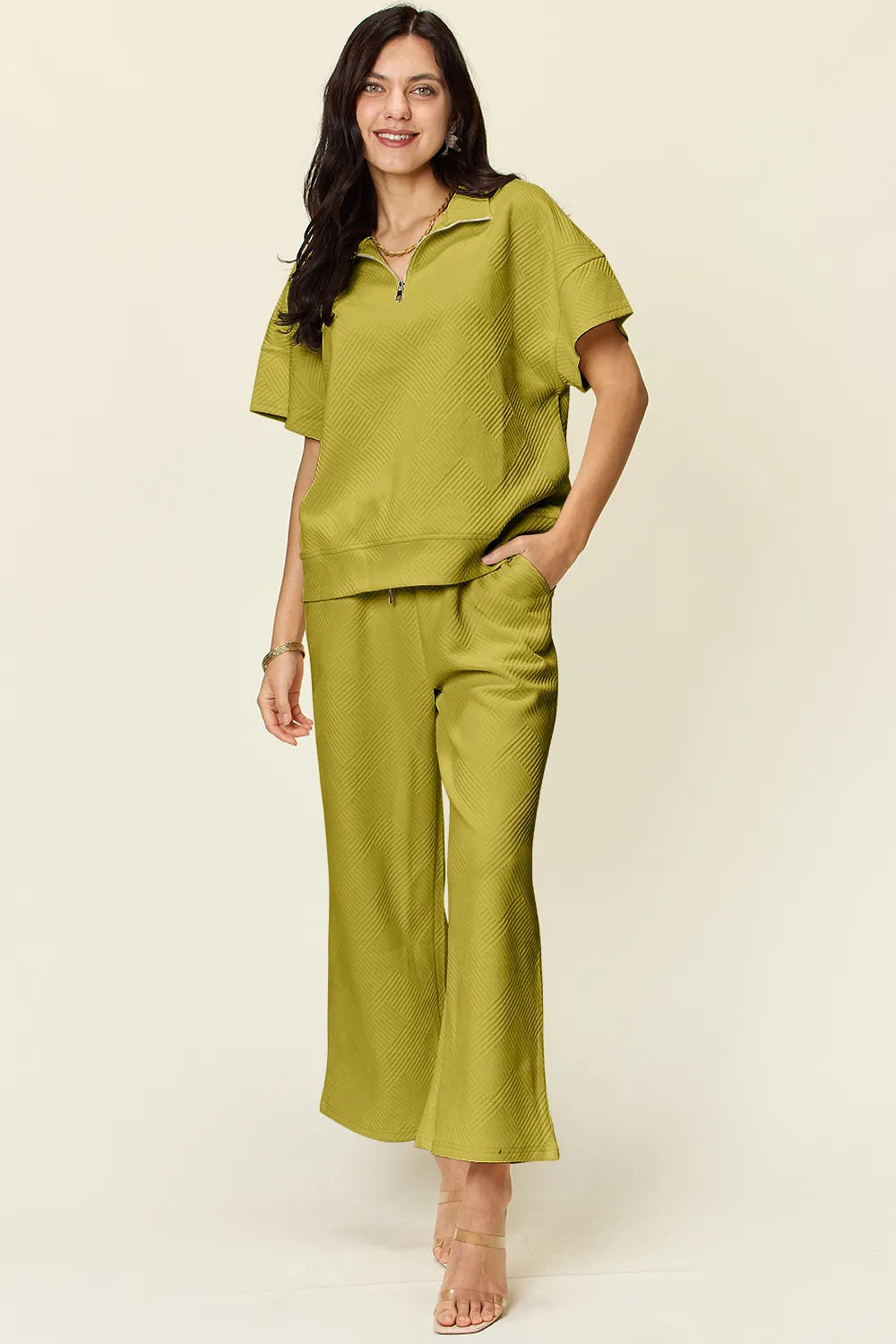 Double Take Full Size Texture Half Zip Short Sleeve Top and Pants Set in Olive