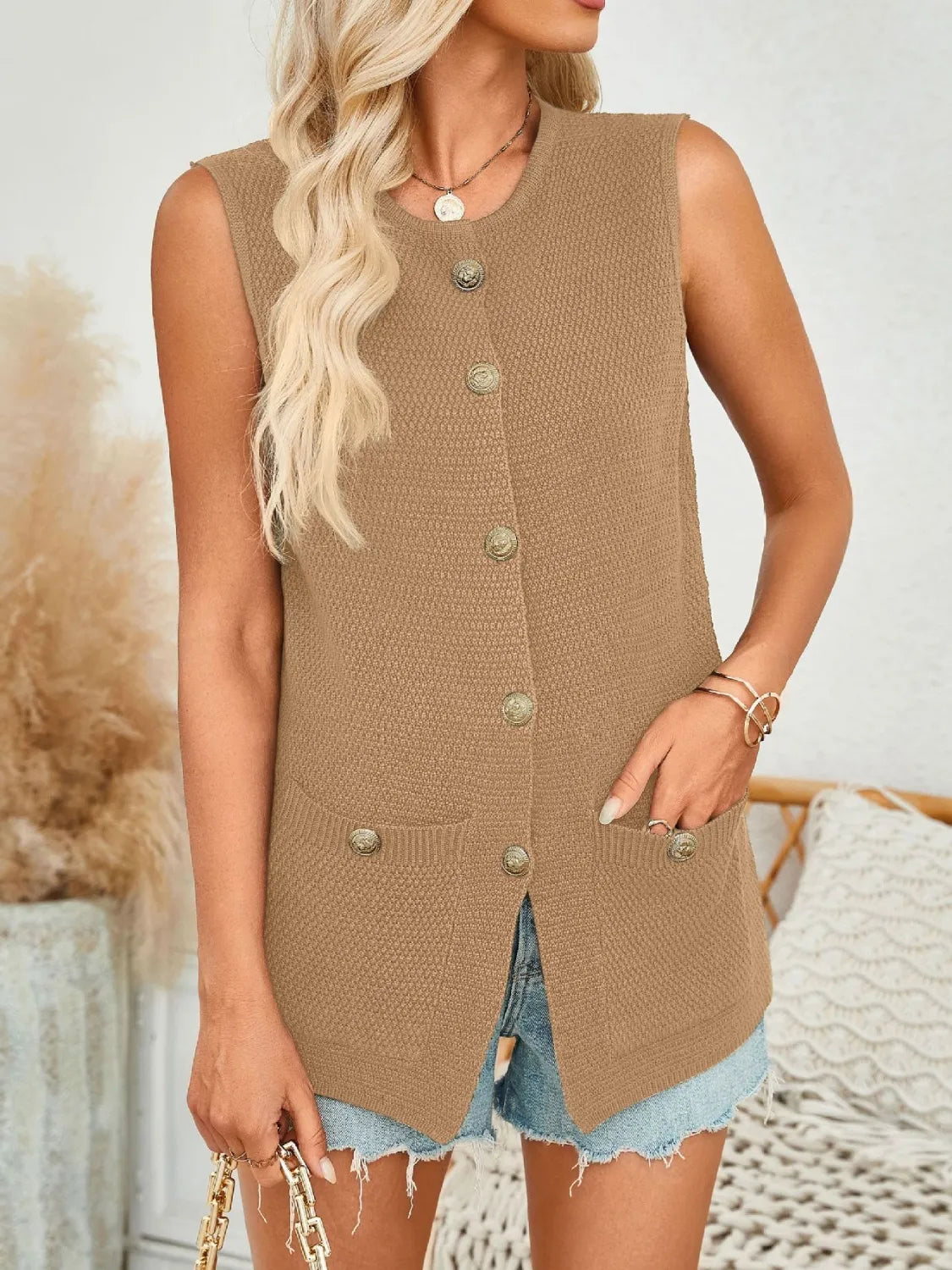 Button Down Round Neck Knit Vest, view 8
