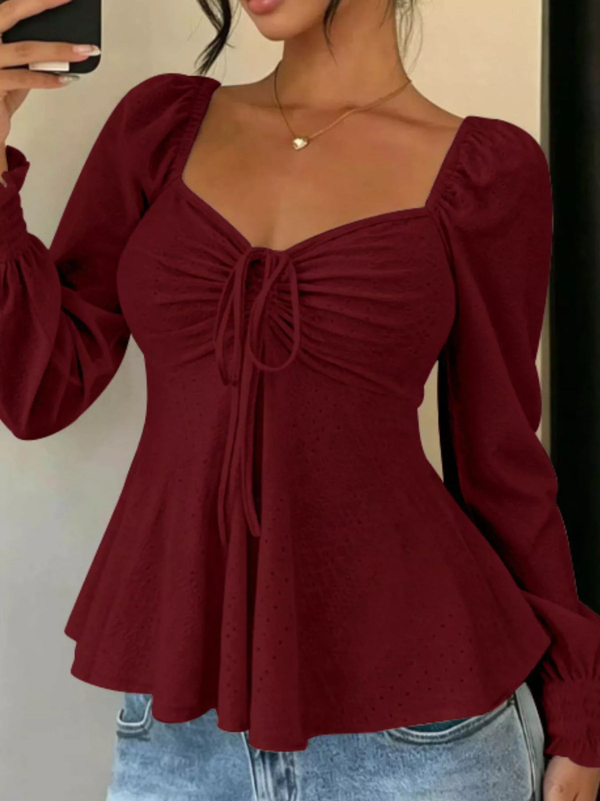 Ruched Sweetheart Neck Long Sleeve Top in Burgundy