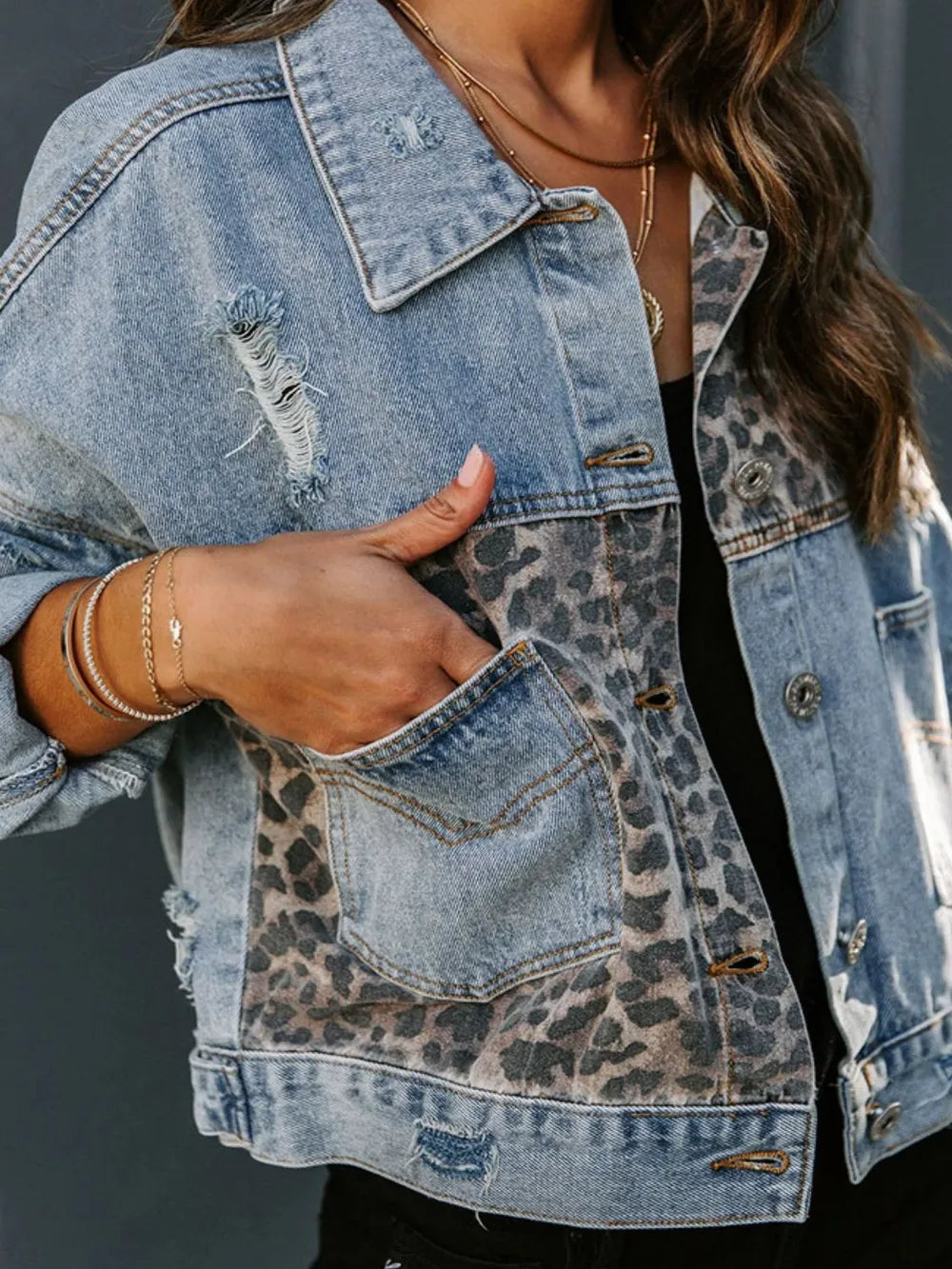 Distressed Leopard Drop Shoulder Denim Jacket, view 2