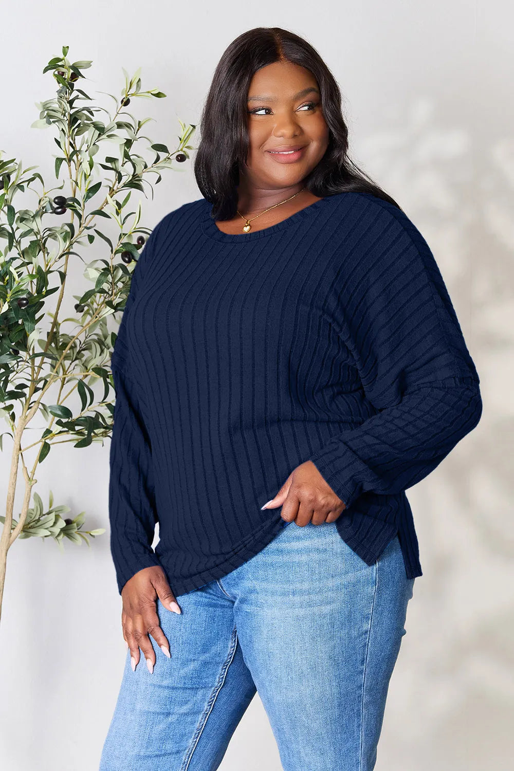 Basic Bae Full Size Ribbed Round Neck Slit Knit Top - Lilixa.store