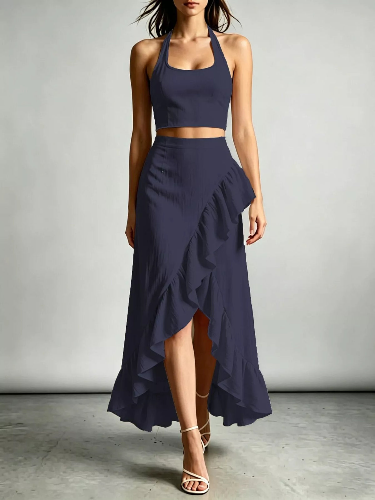 Halter Neck Crop Top and High-Low Maxi Skirt Two-Piece Set