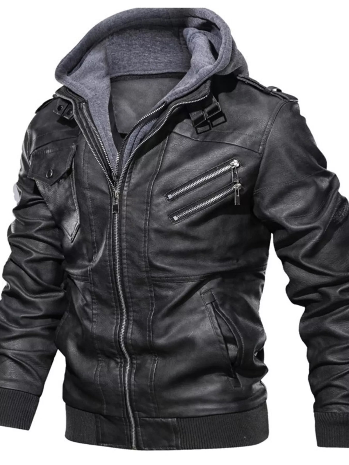 Men's Full Size Hooded Faux Leather Moto Jacket Plus Size - Lilixa.store
