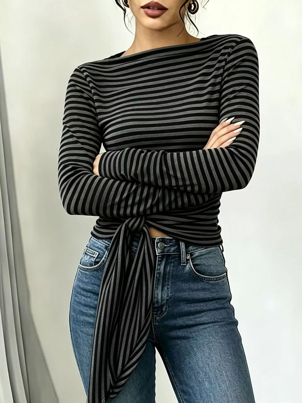 Long Sleeve Striped T-Shirt with Front Tie Detail - Lilixa.store