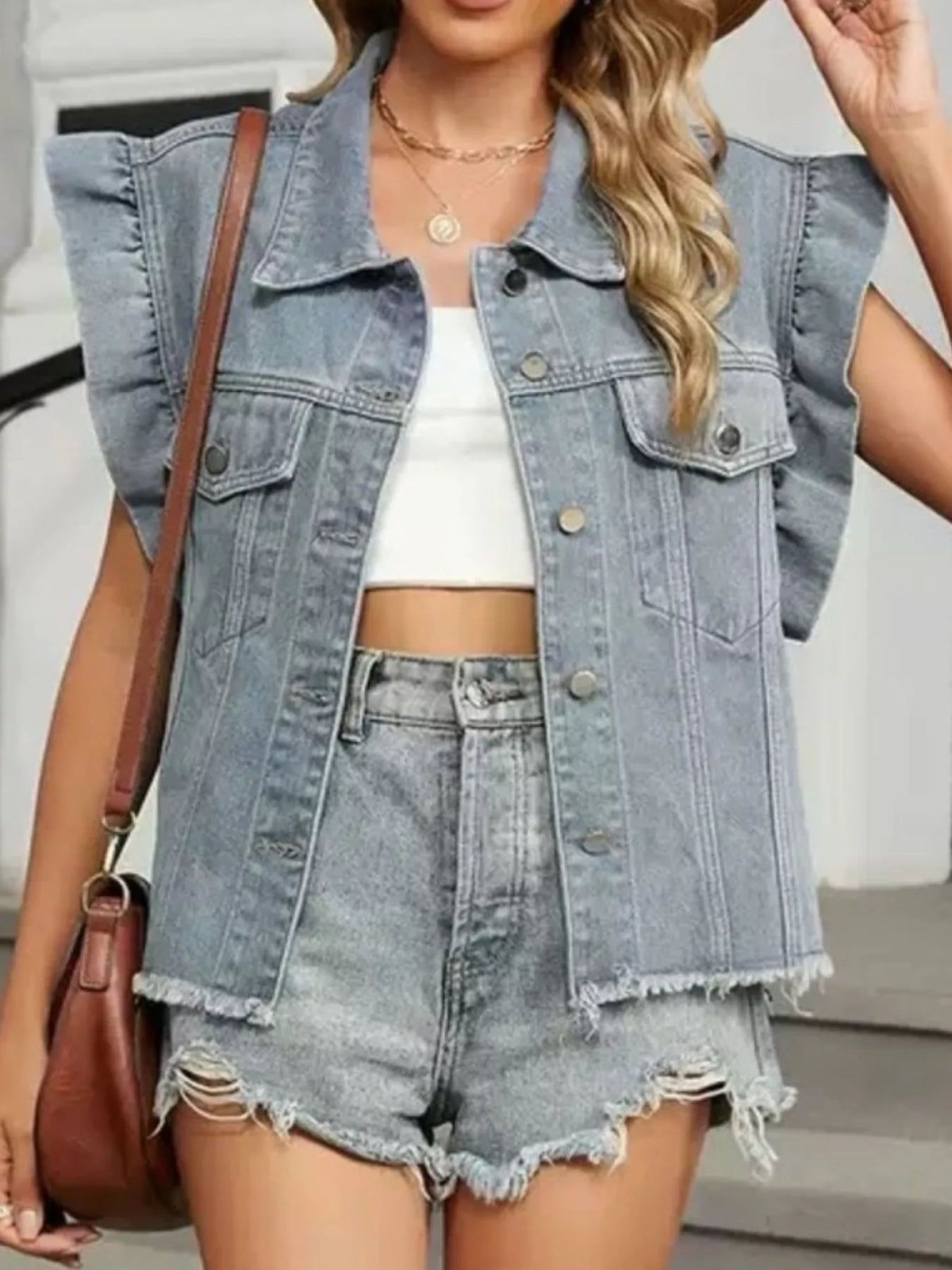 Ruffled Raw Hem Button Up Denim Jacket in Light Gray, view 6