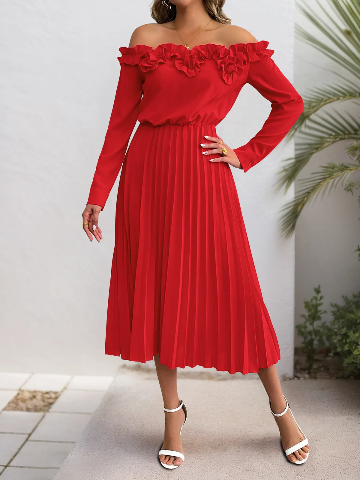 Off-Shoulder Ruffle Pleated Midi Dress - Lilixa.store