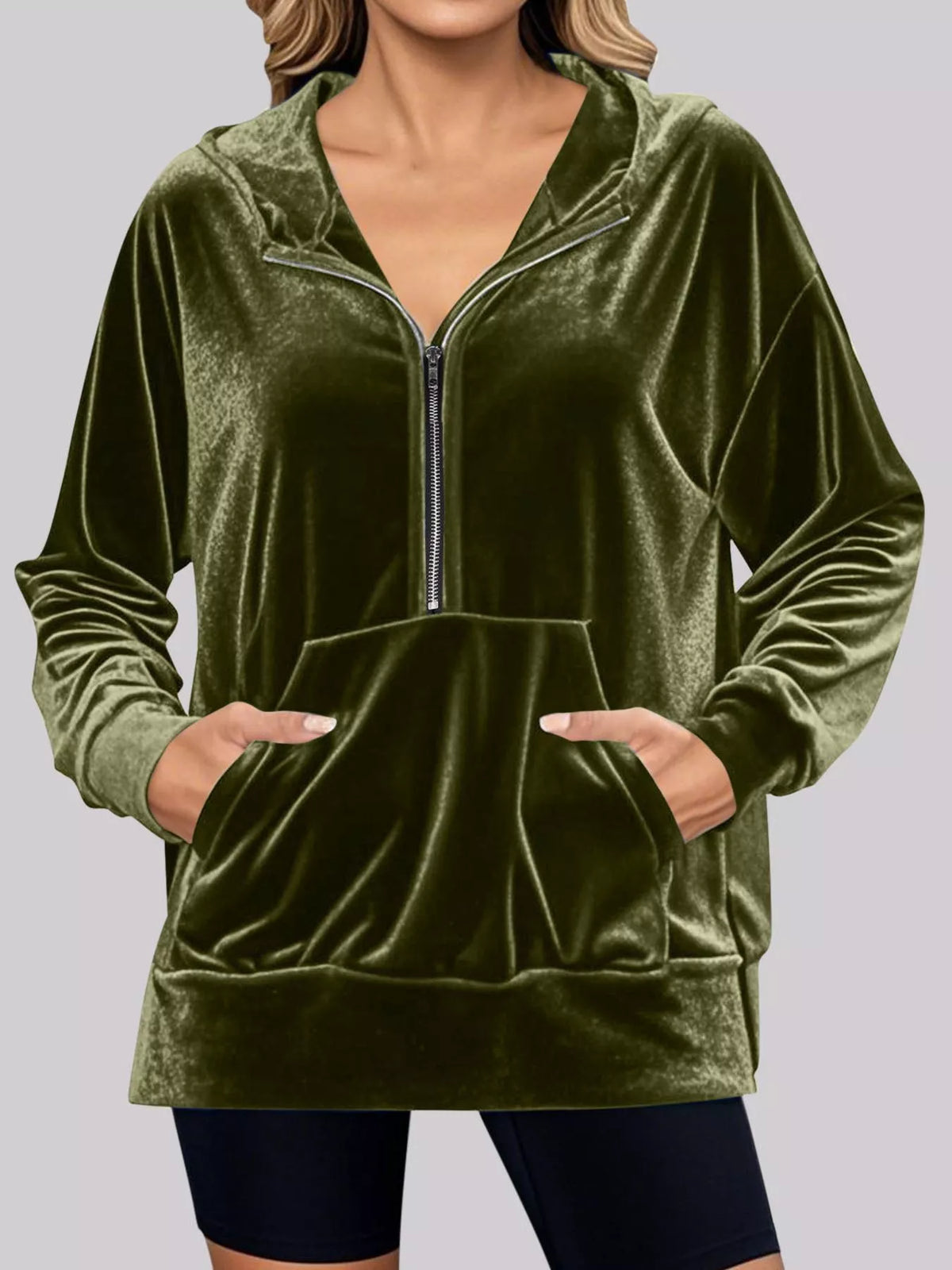 Full Size Velvet Half Zip Hoodie with Kangaroo Pocket Plus Size - Lilixa.store