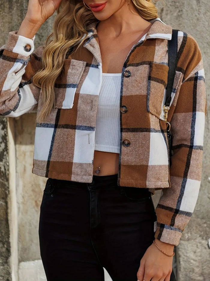 Plaid Collared Neck Cropped Jacket in Caramel
