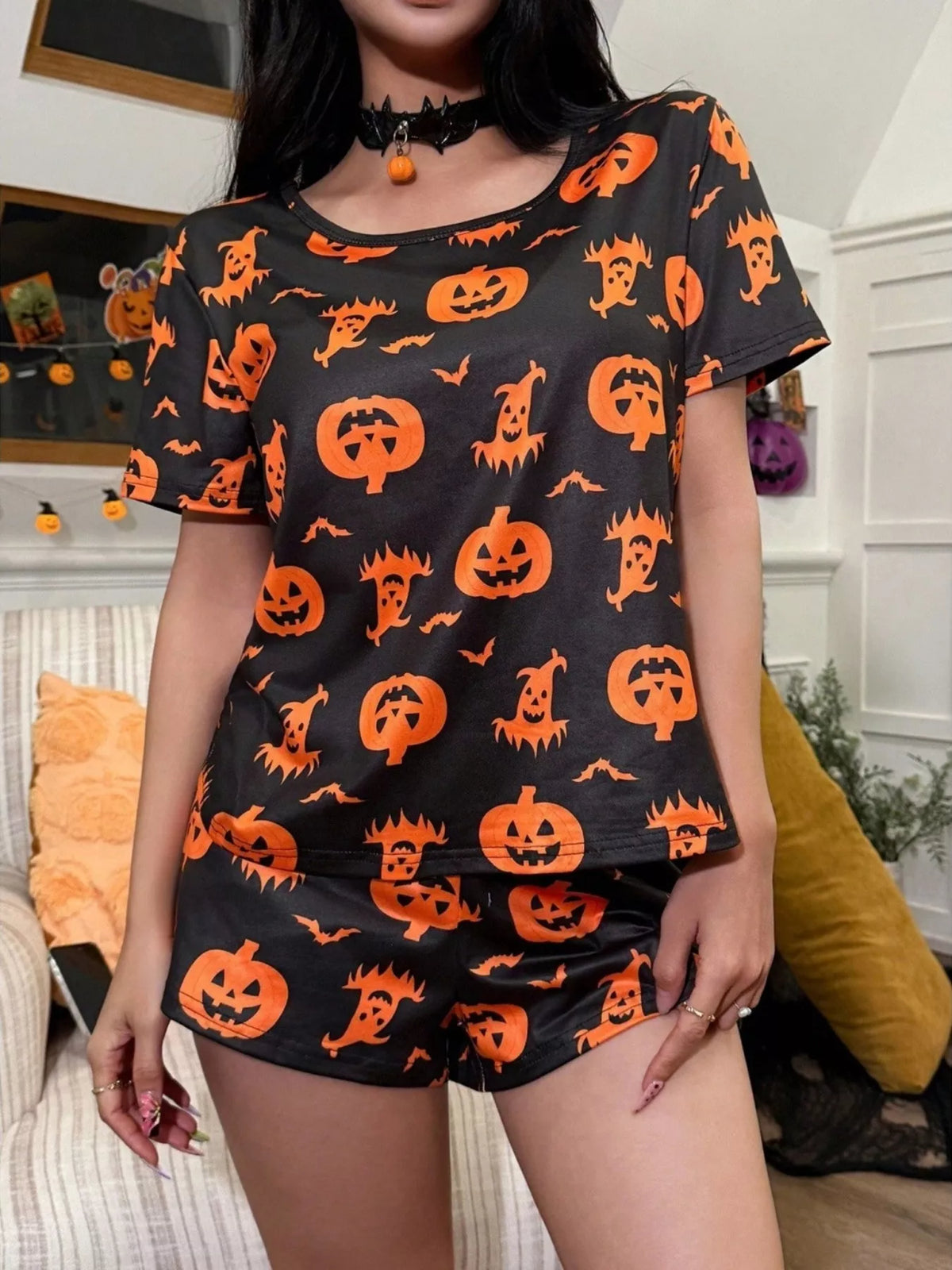 Halloween Print Short Sleeve Top and Shorts Lounge Set