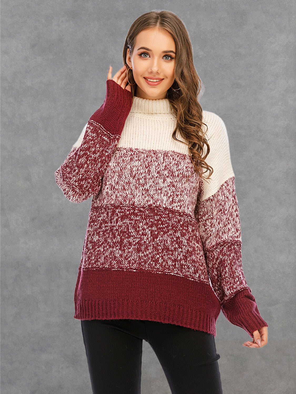 Angel Wings Color Block Turtleneck Sweater in Wine