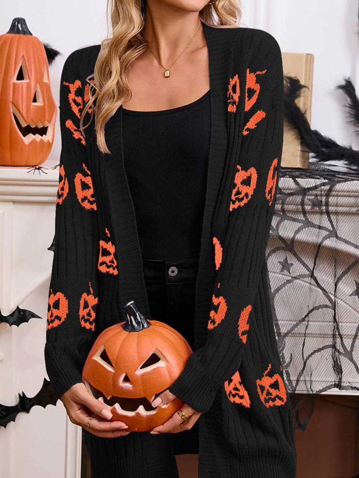 Halloween Pumpkin Open Front Knit Cardigan - Lilixa.store
