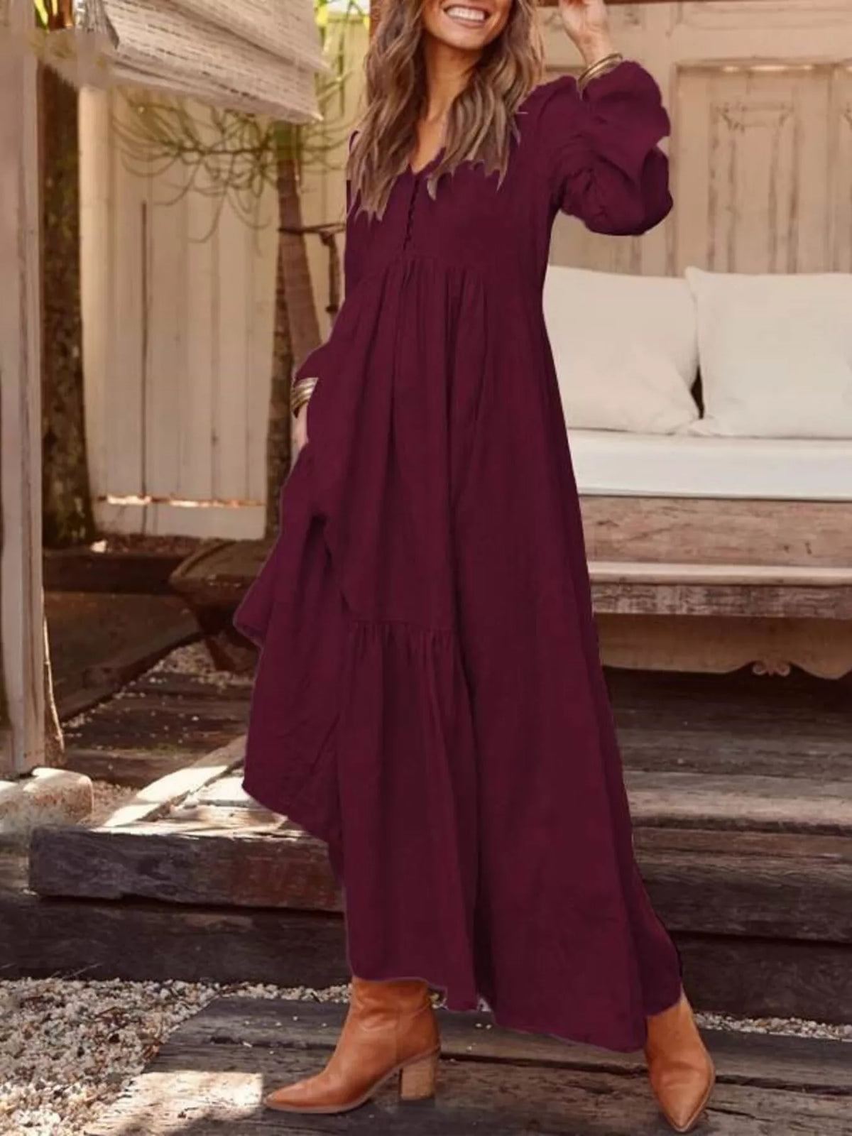 Full Size V-Neck Long Sleeve Tiered Maxi Dress with Pockets Plus Size - Lilixa.store