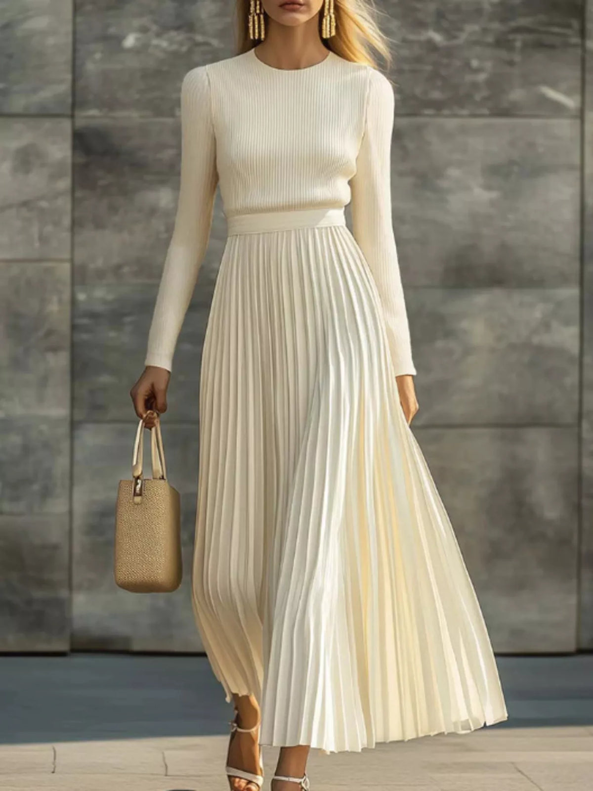 Ribbed Knit Pleated Midi Dress - Lilixa.store
