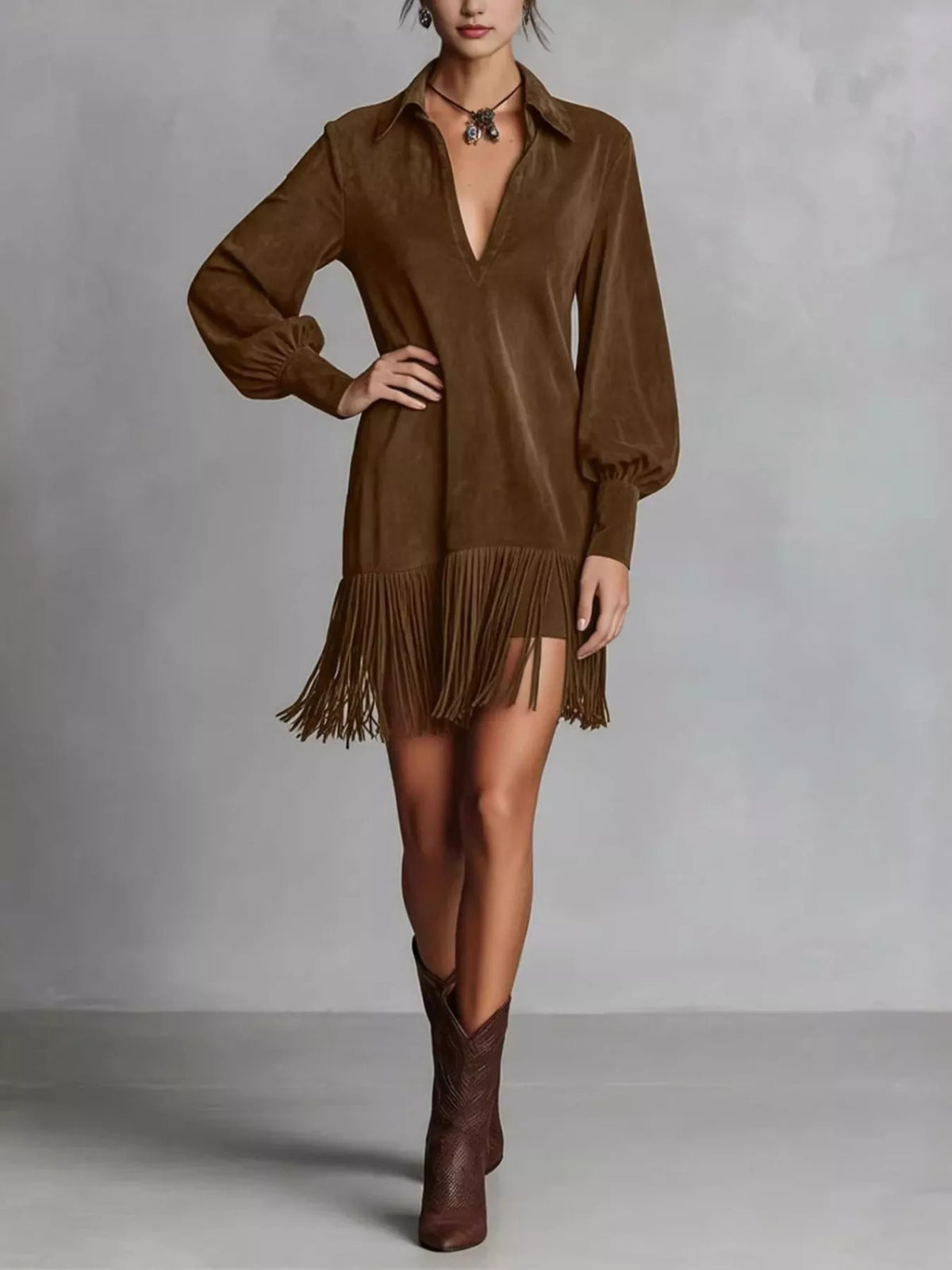 Fringed Lantern Sleeve Dress - Lilixa.store