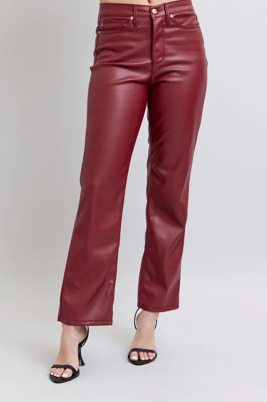 Judy Blue Full Size High Waist Tummy Control Faux Leather Straight Pants Plus Size - Lilixa.store