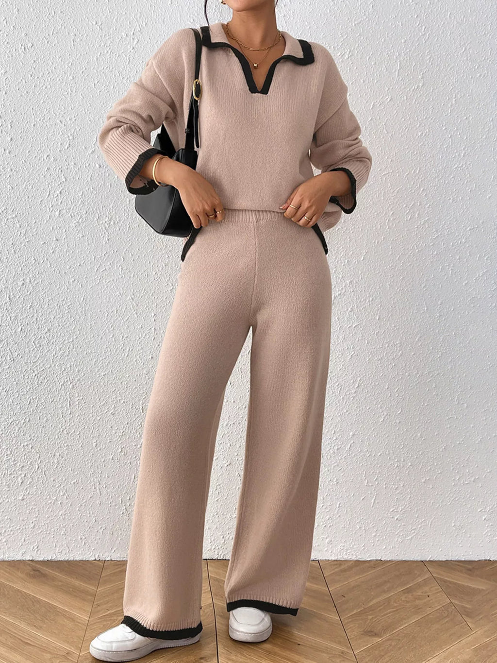 Contrast Trim Polo Collar Top and Pants Sweater Set - Lilixa.store