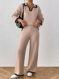 Contrast Trim Polo Collar Top and Pants Sweater Set - Lilixa.store