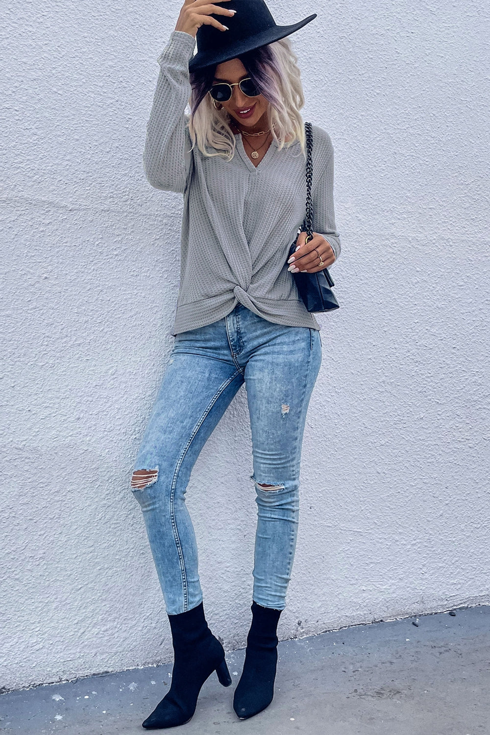 Perfee Twist Front Long Sleeve Waffle Knit Top, view 5