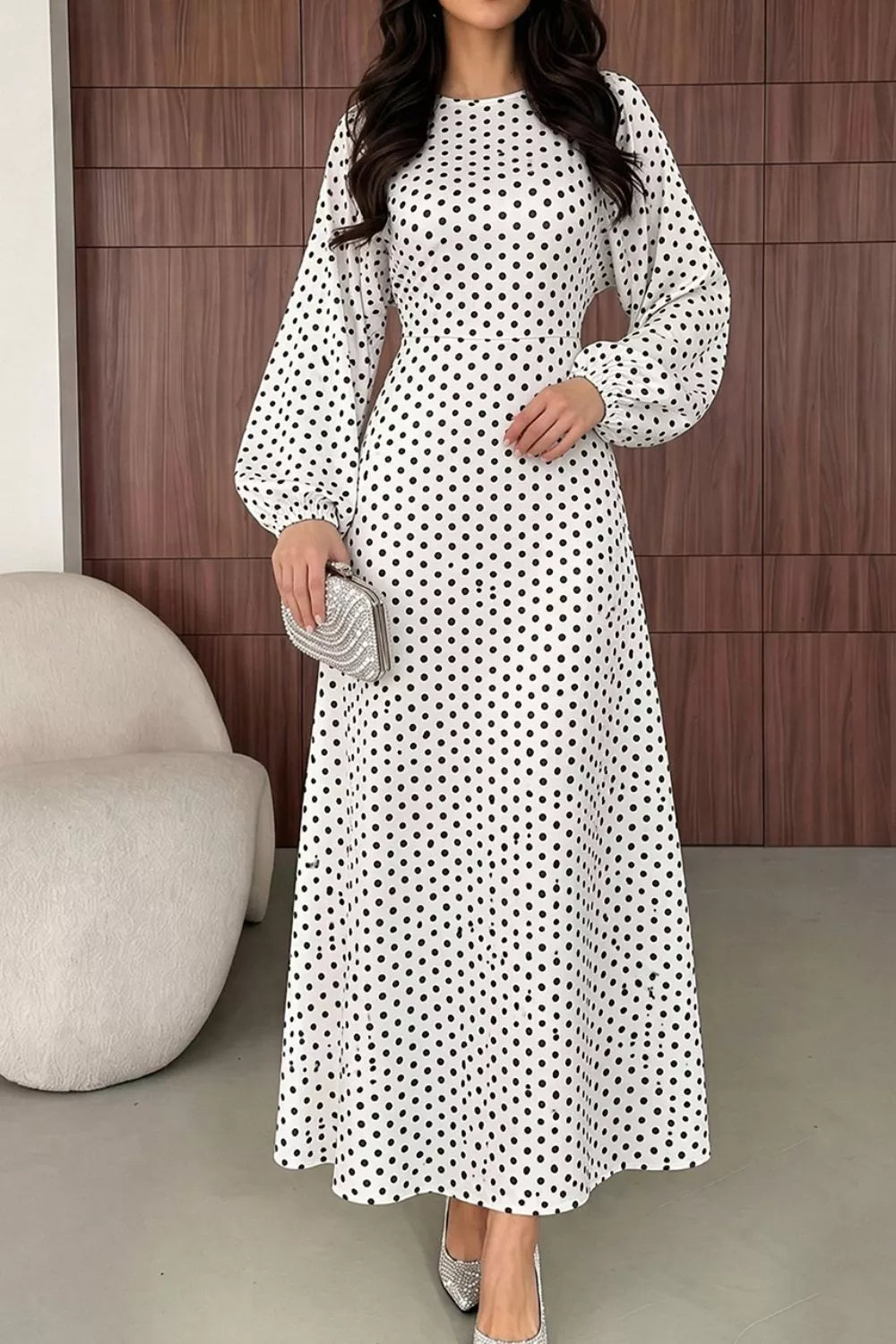 Polka Dot Long Sleeve Maxi Dress - Lilixa.store